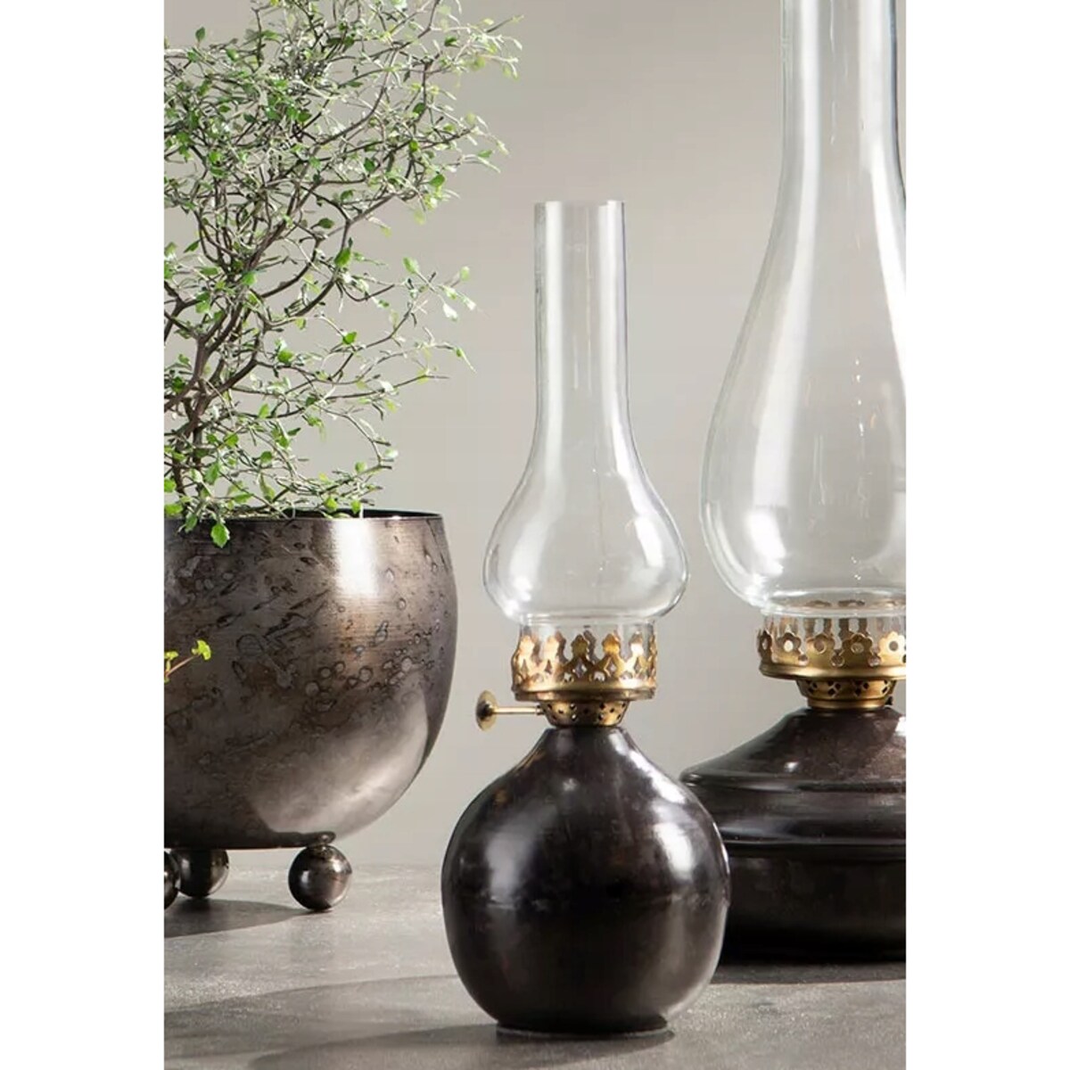 ŚWIECZNIK SZKLANY TEALIGHT WYSOKI 34cm lampion imitacja lampy naftowej loft