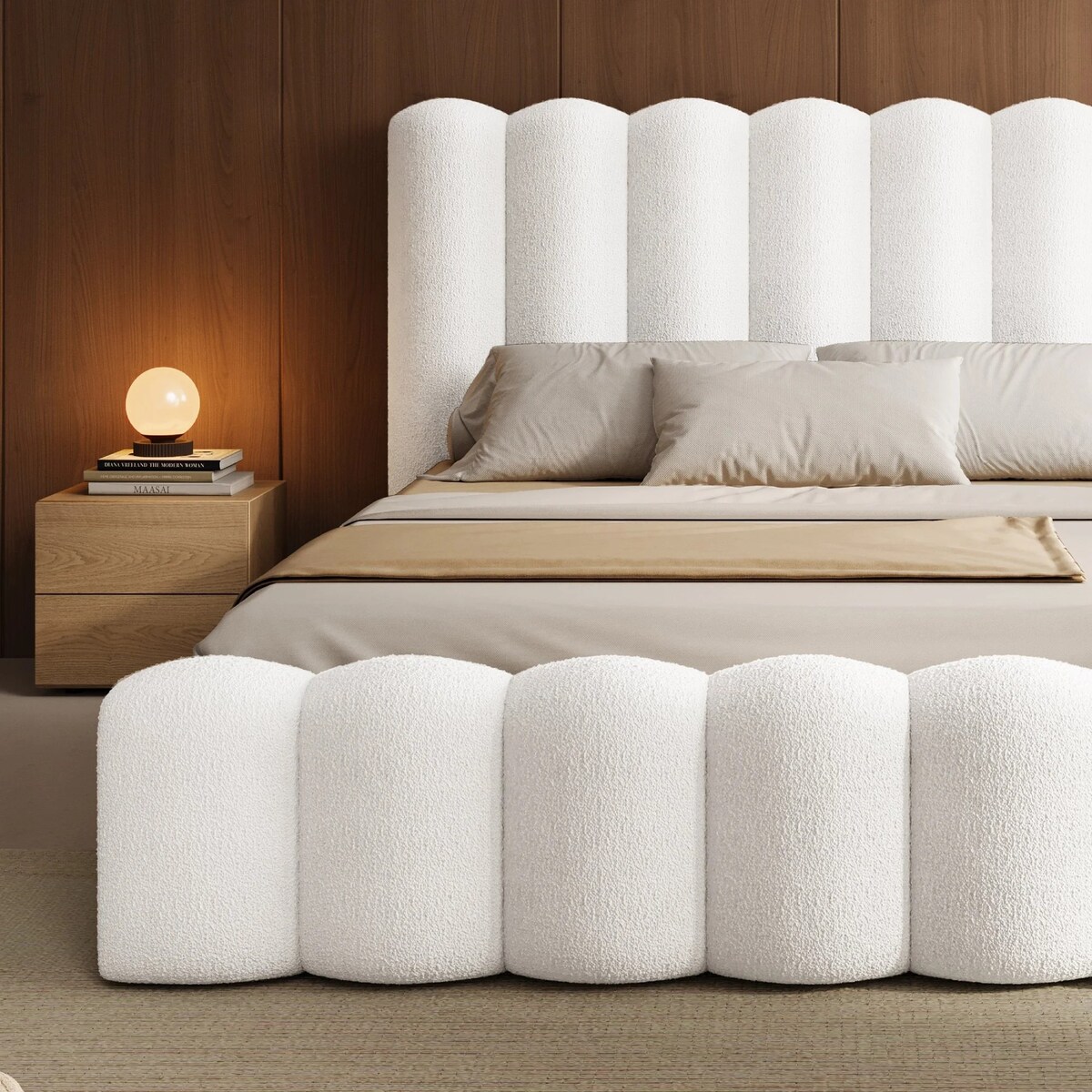 Łóżko ze stelażem i pojemnikiem białe bouclé Santos