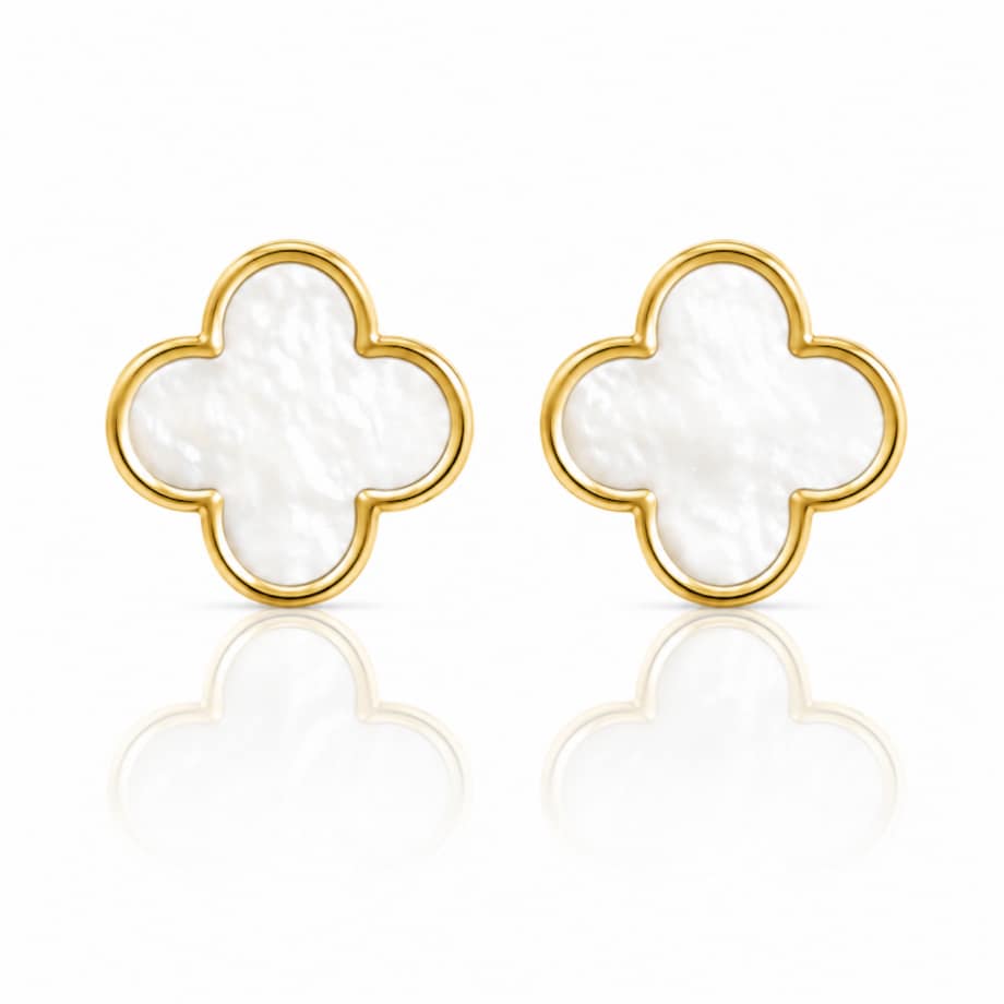Kolczyki ze stali szlachetnej platerowane 14k złotem, Koniczynka masa perłowa 13 mm KST3602