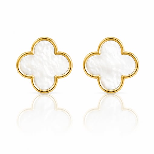 Kolczyki ze stali szlachetnej platerowane 14k złotem, Koniczynka masa perłowa 13 mm KST3602