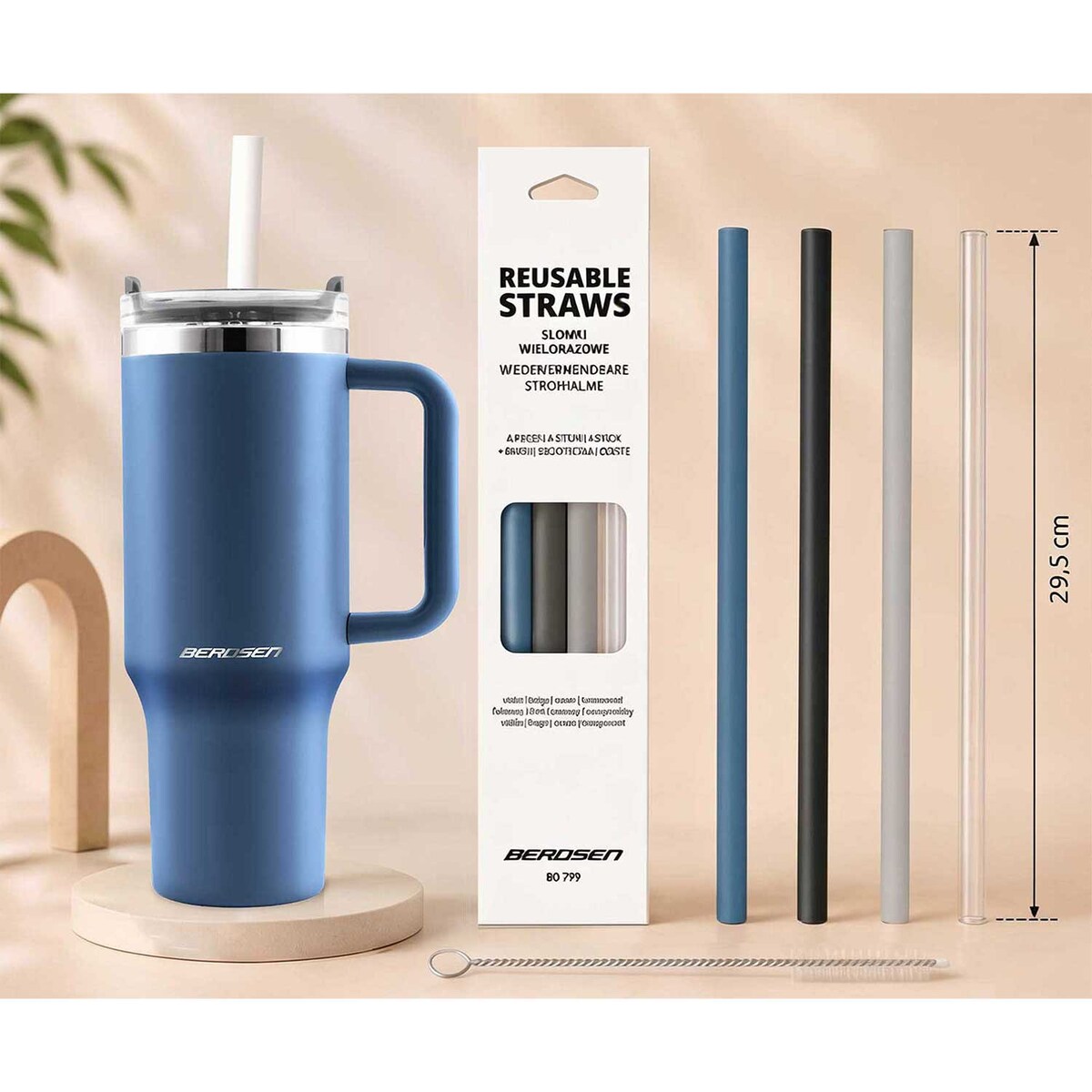 Kubek termiczny Berdsen granatowy 1180ml stal nierdzewna zimne ciepłe napoje + zestaw słomek