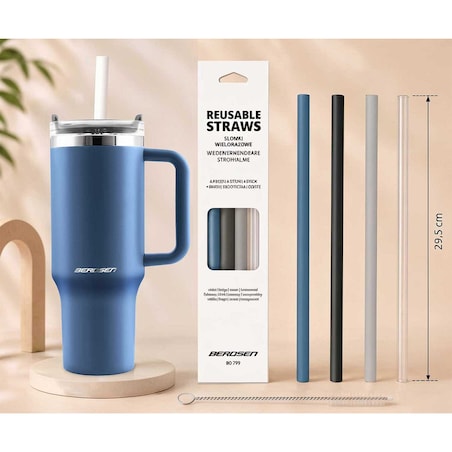 Kubek termiczny Berdsen granatowy 1180ml stal nierdzewna zimne ciepłe napoje + zestaw słomek