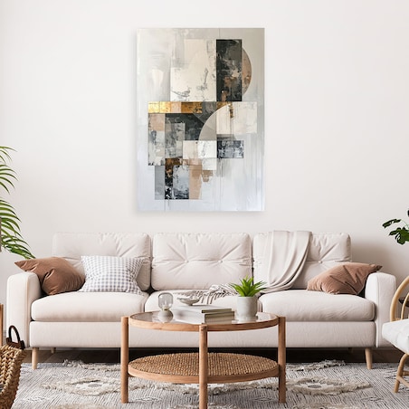 Obraz do salonu, Abstrakcja geometryczna w bieli szarości beżu i złotych akcentach 40x60 cm