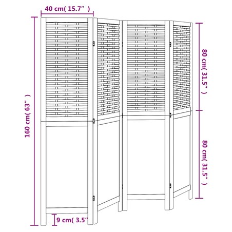 vidaXL Parawan pokojowy, 4-panelowy, ciemny brąz, lite drewno paulowni