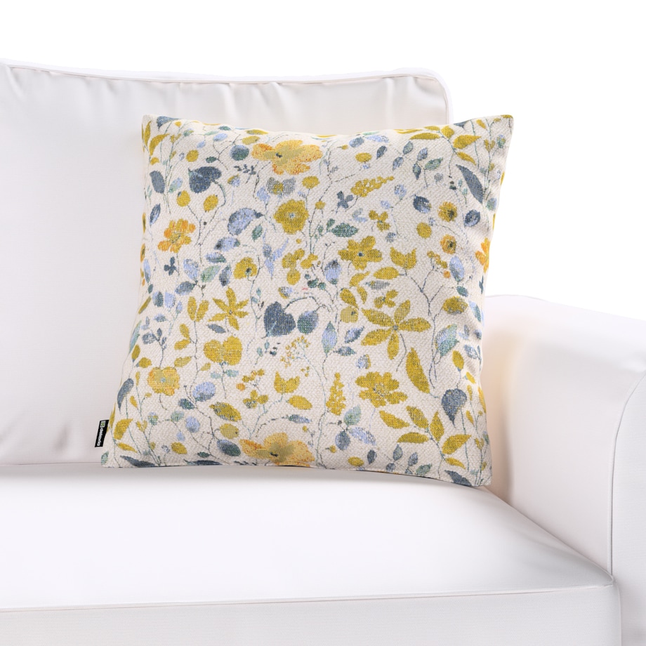 Poszewka Kinga na poduszkę 50x50 żółto-niebieskie kwiaty na kremowym tle