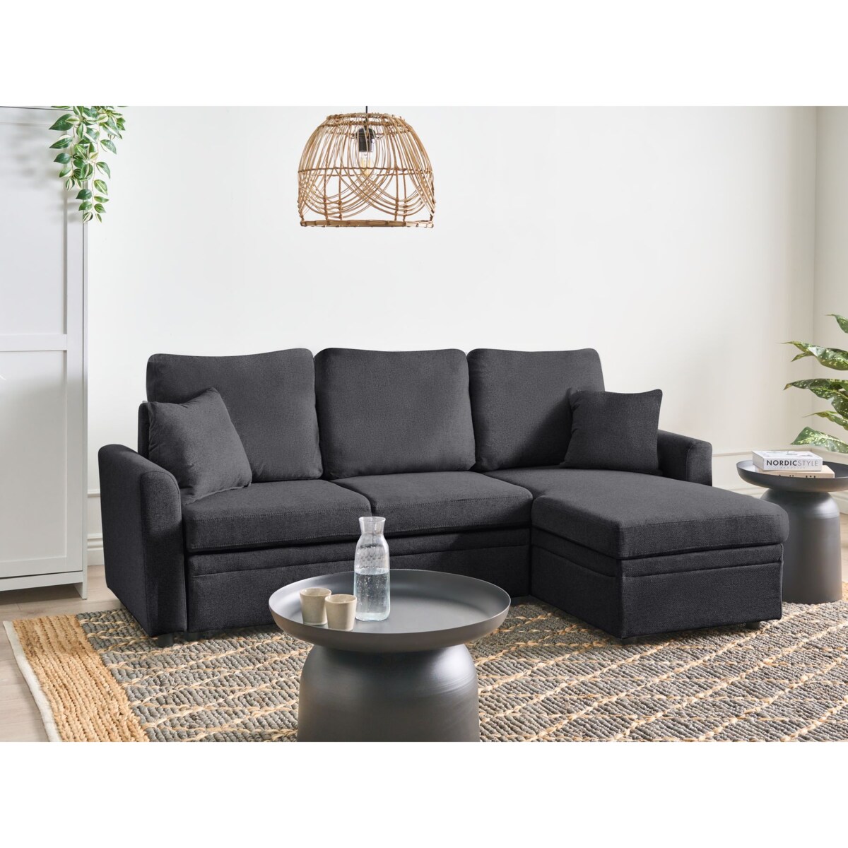 Narożnik rozkładany NASSJO Len syntetyczny Czarny dla 3 osób Lewostronny