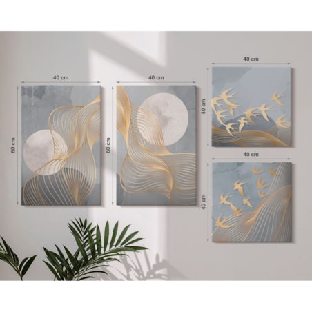 Zestaw 4 obrazów na płótnie - Abstrakcyjne fale okręgi szarość - szary