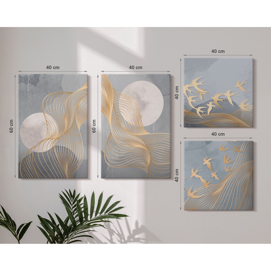 Zestaw 4 obrazów na płótnie - Abstrakcyjne fale okręgi szarość - szary