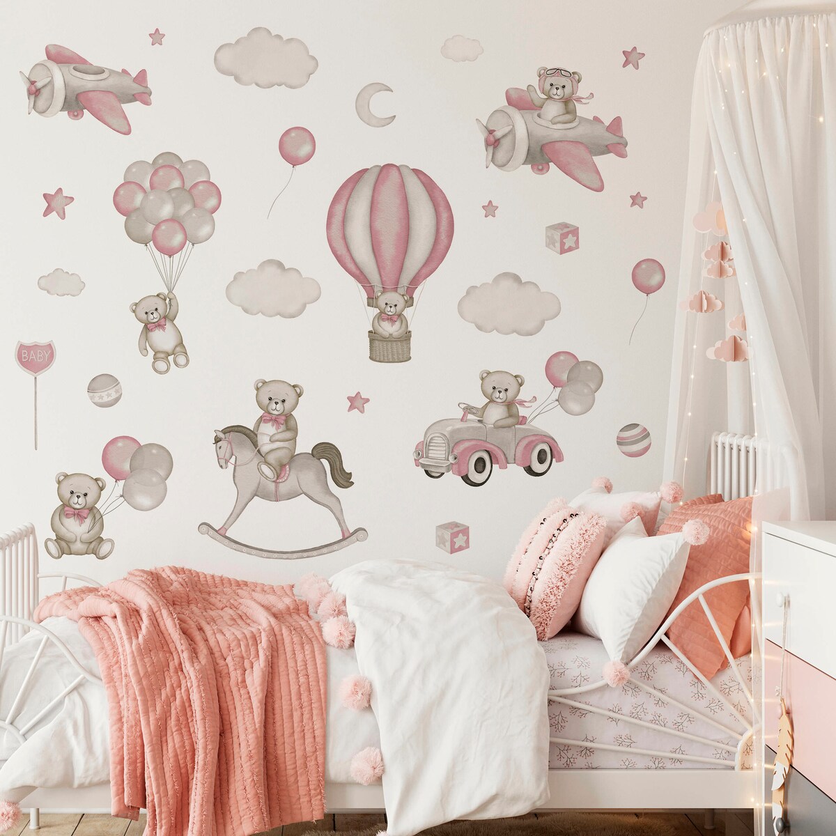 Naklejki Na Ścianę Misie Różowe Balony Koń Na Biegunach Chmury Zestaw 60x30cm