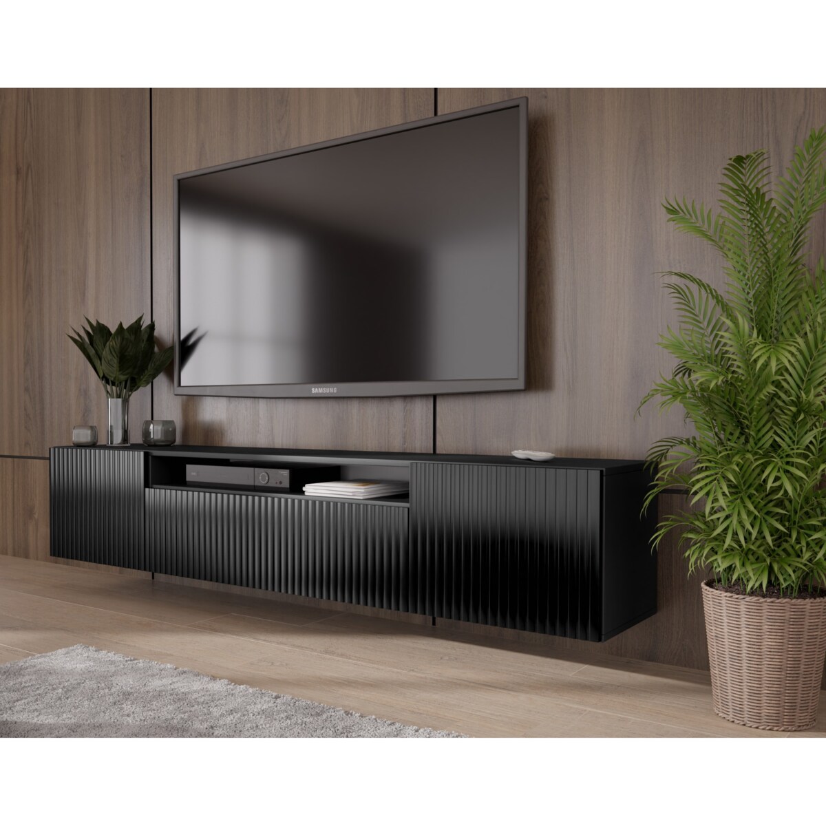 Szafka RTV MARCO 200 cm, wisząca pod telewizor, frezowane fronty- czarna