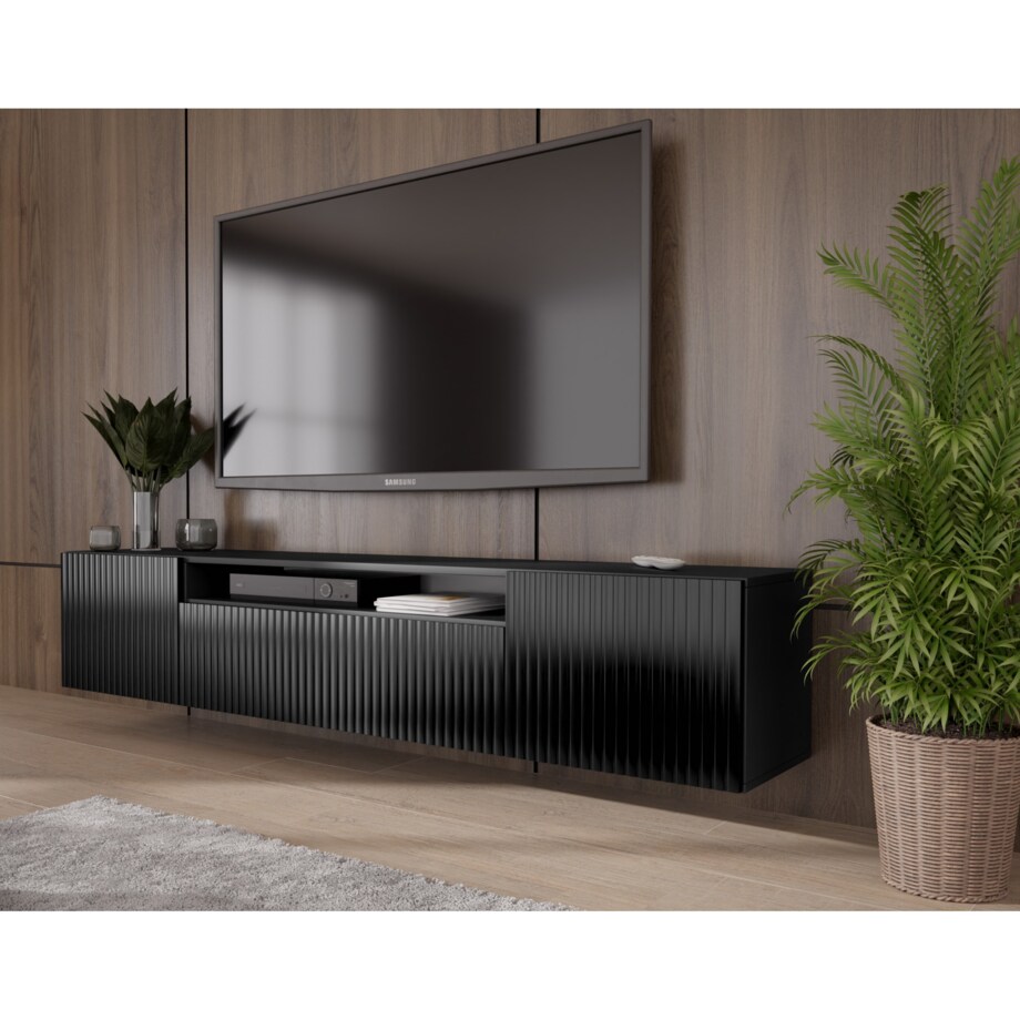 Szafka RTV MARCO 200 cm, wisząca pod telewizor, frezowane fronty- czarna