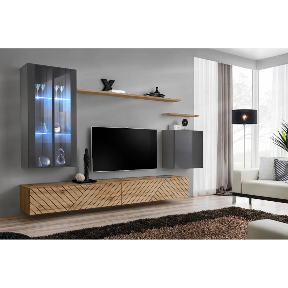 Meblościanka SWITCH LAMEL XII szara/dąb wotan