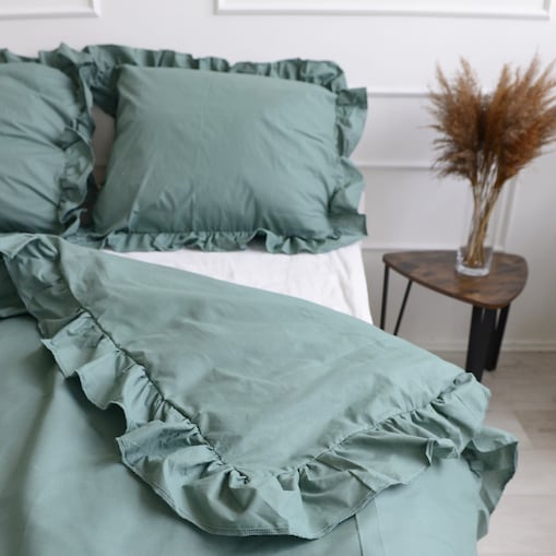 Pościel Bawełniana Z Falbanką Zestaw Komplet Do Sypialni Boho Zieleń 180X200 Cm + 2 Poduszki 70X80 Cm