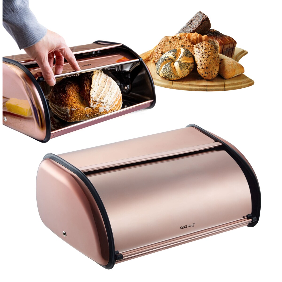 Chlebak stalowy mały 36cm różowe złoto matowy pojemnik na chleb pieczywo bułki KINGHOFF