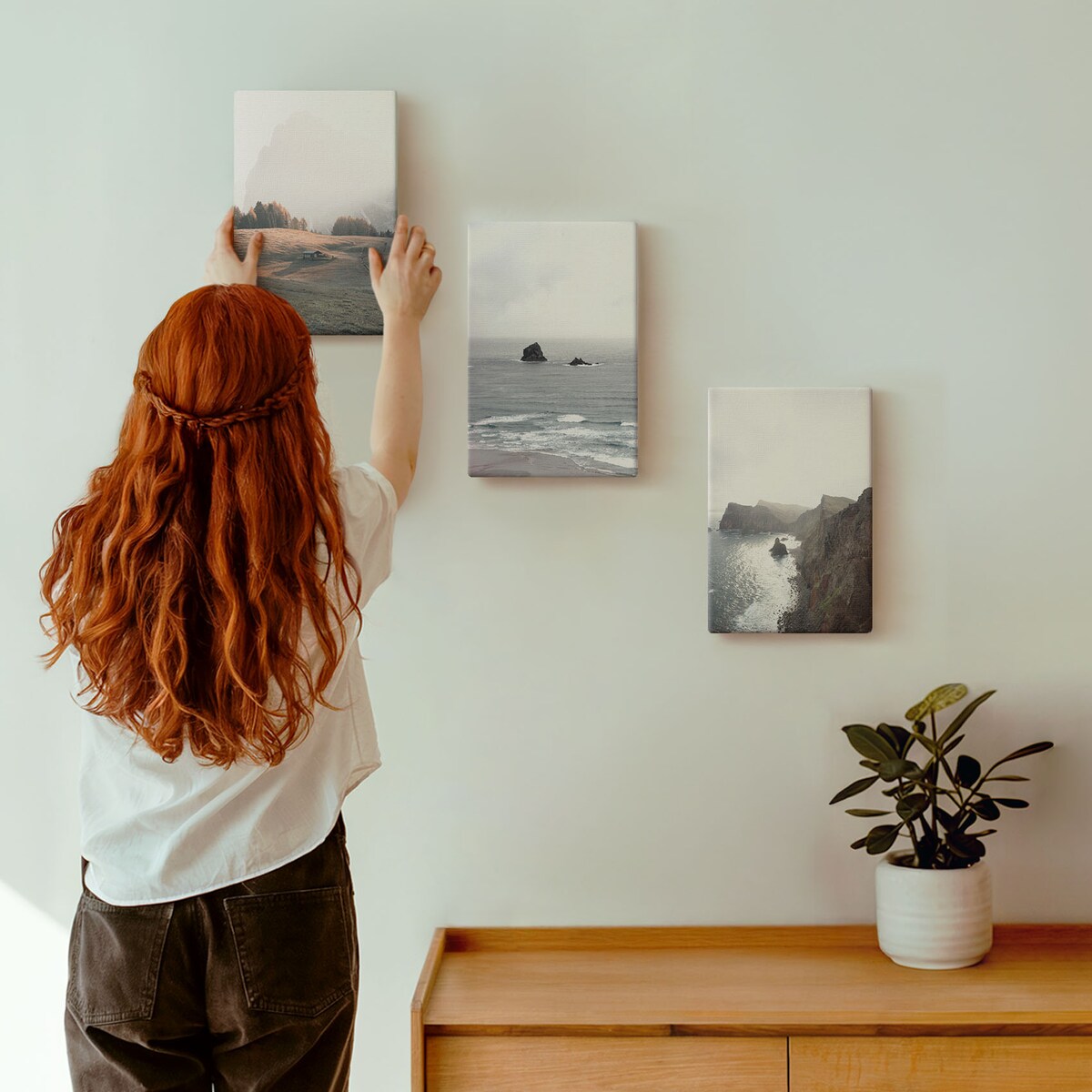 Zestaw 3 małych obrazów na płótnie - Krajobrazy gór i morza - szary