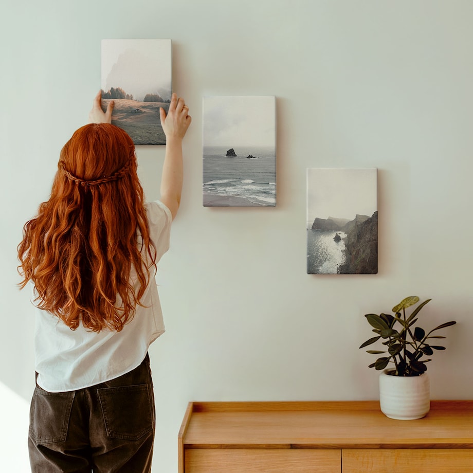 Zestaw 3 małych obrazów na płótnie - Krajobrazy gór i morza - szary