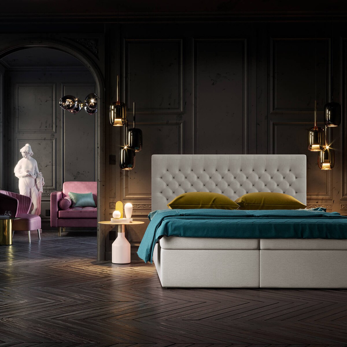 Łóżko kontynentalne ANNETTE 200x200 z pojemnikiem, Jasny Beż, tkanina Magic Velvet 2201