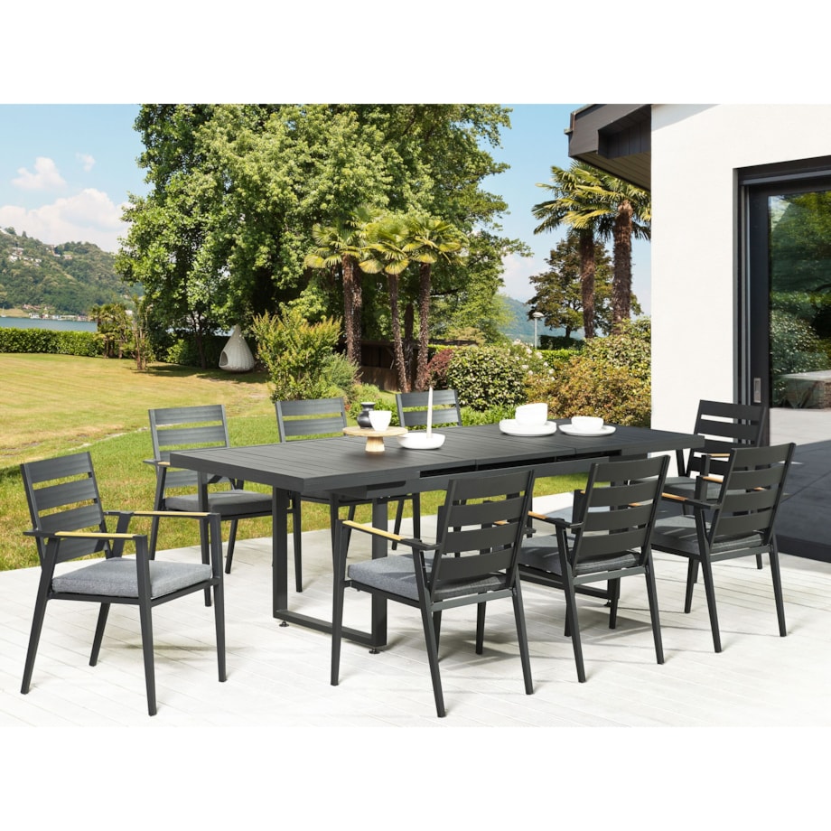 Zestaw ogrodowy stół rozkładany i 8 krzeseł czarny z poduszkami szarymi VALCANETTO/TAVIANO