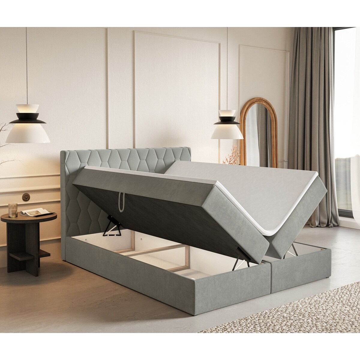 Łóżko kontynentalne G8 do sypialni 180x200 z pojemnikiem i materacem- szare