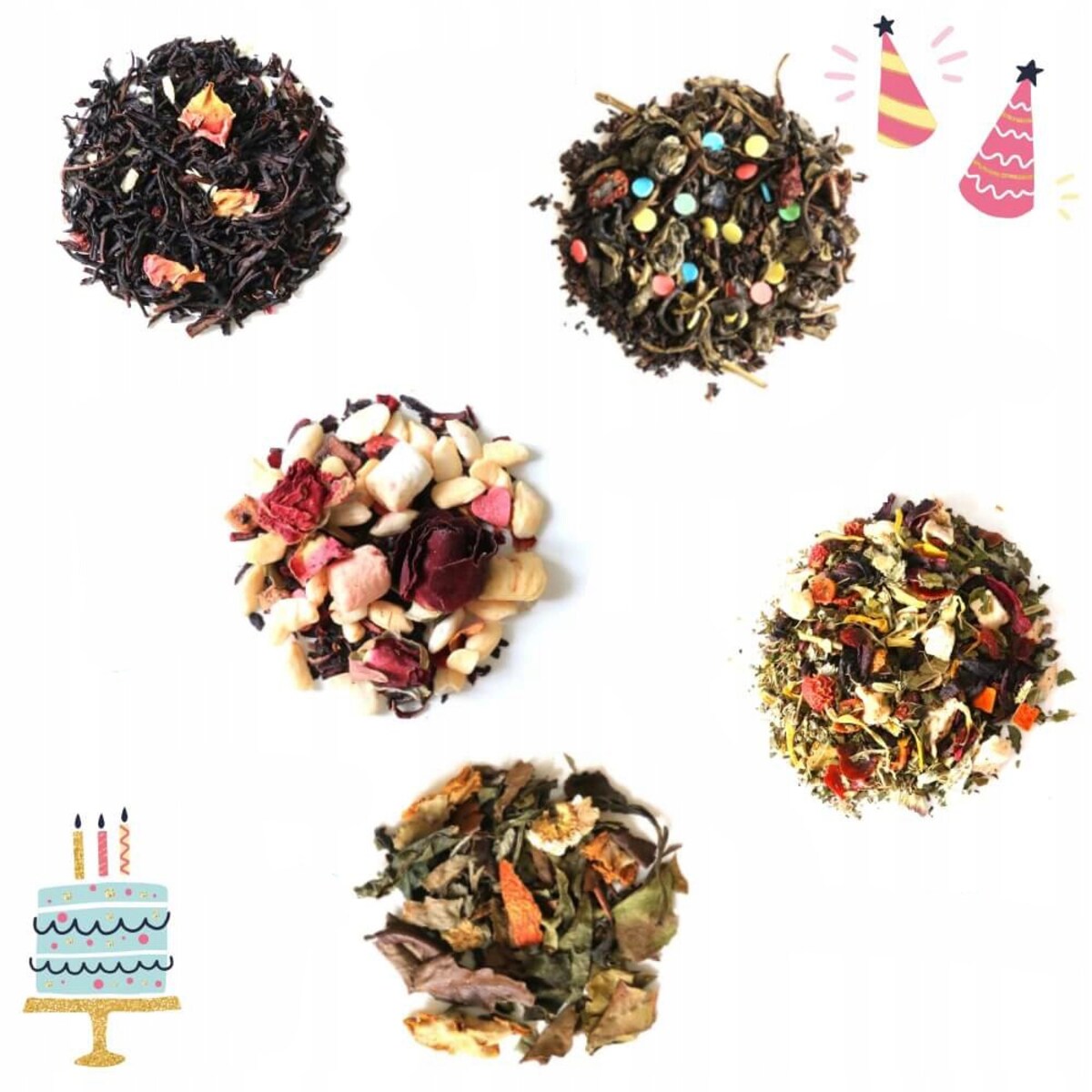 Drobny urodzinowy zestaw prezentowy torebka pudełko z herbatami sypanymi - 5 różnych smaków w saszetkach po 5g - prezent dla kobiety żony dziewczyny mamy niej