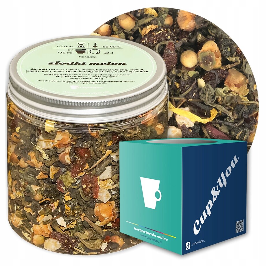 Herbata zielona sypana SŁODKI MELON o smaku egzotycznego melona PREMIUM - herbata liściasta sypana mieszanka napar susz - gotowa na prezent upominek