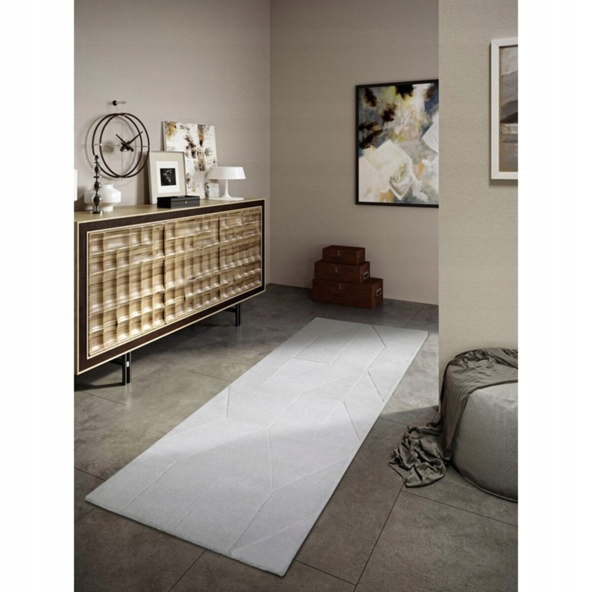 Chodnik wełniany do korytarza 80x250cm, kremowy nowoczesny wzór 3D