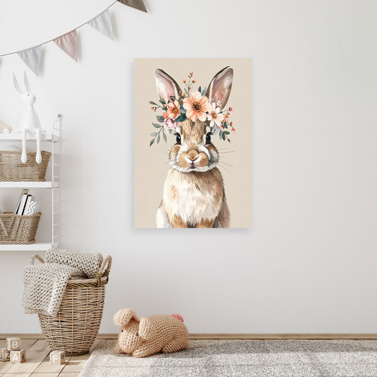 Obraz do pokoju dziecka niemowlaka, Zając królik zwierzęta leśne beżowy 80x120 cm