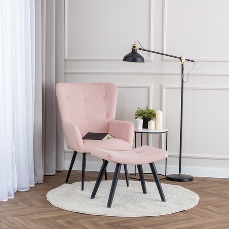 Fotel uszak z podnóżkiem do salonu wypoczynkowy welurowy tapicerowany różowy