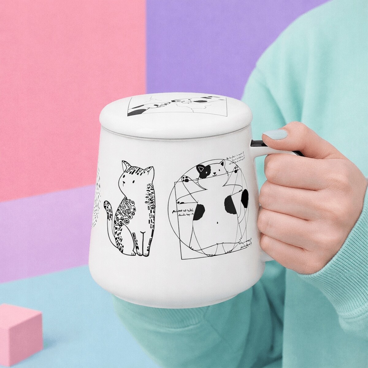 Kubek z uchwytem nierdzewnym zaparzaczem i pokrywką CAT ARTIST z motywem kota 400ml do naparów - prezent dla koleżanki przyjaciółki żony babci mamy