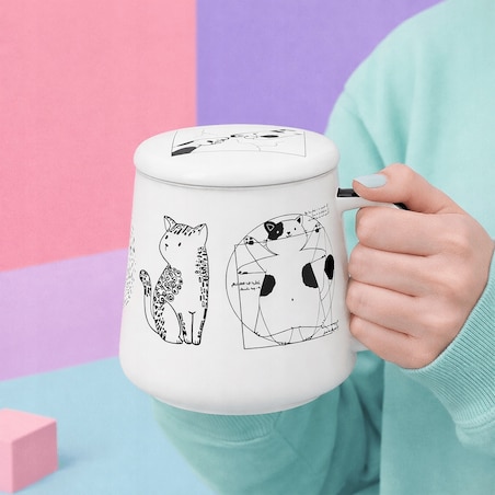 Kubek z uchwytem nierdzewnym zaparzaczem i pokrywką CAT ARTIST z motywem kota 400ml do naparów - prezent dla koleżanki przyjaciółki żony babci mamy