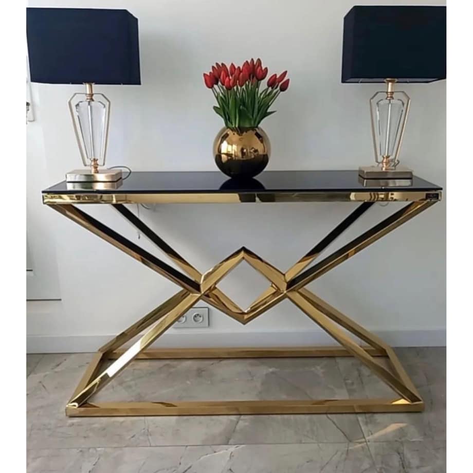 Konsola złota nowojorska Diament Glamour przeźroczysta szyba 120x40x80