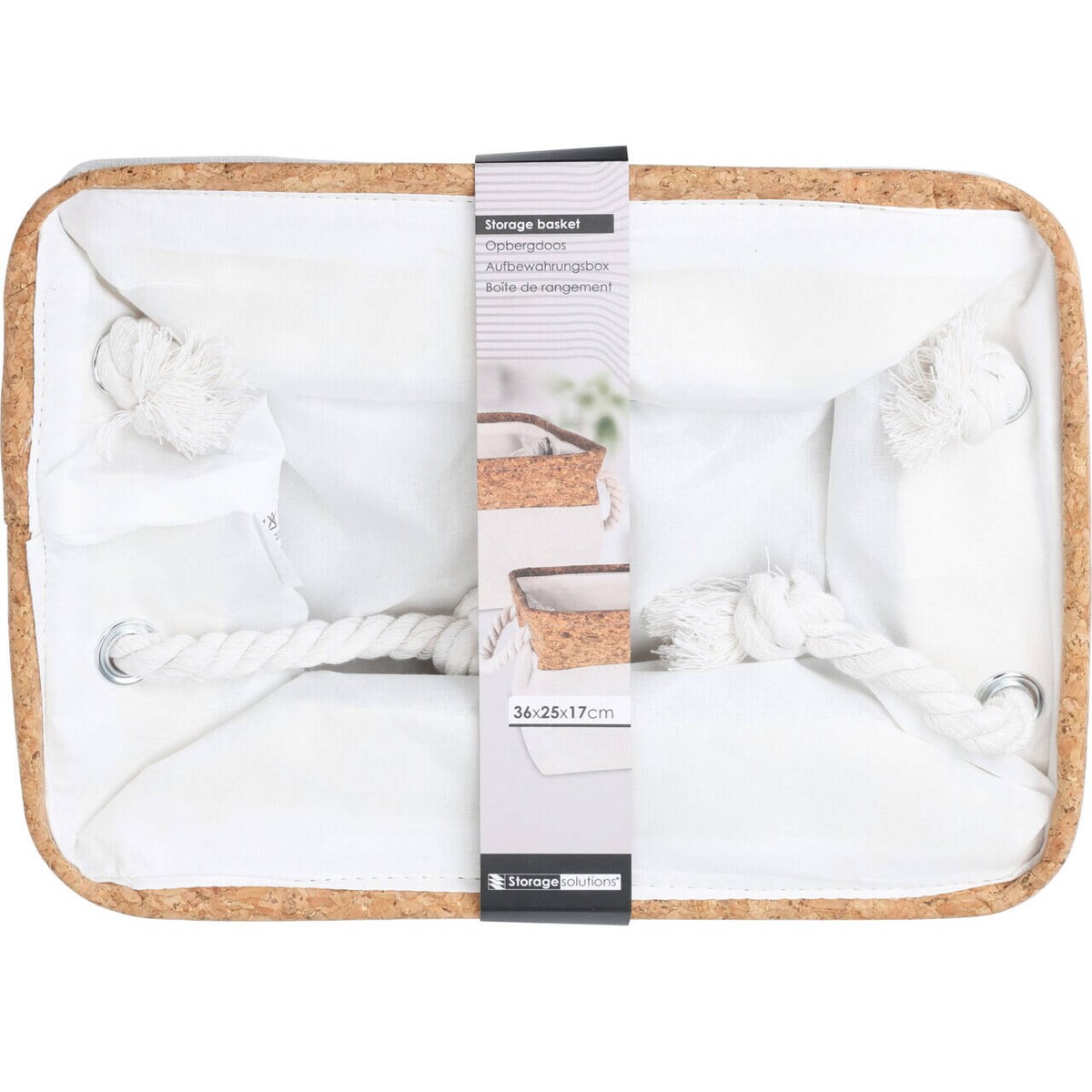 Kosz do przechowywania z uchwytami ze sznurka i korkową górą, 36 x 25 x 17 cm