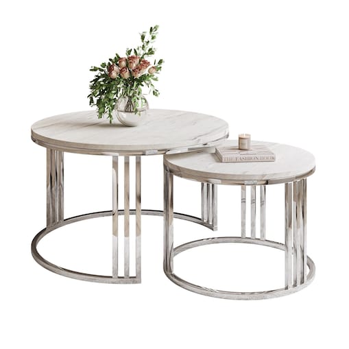 Okrągły stolik kawowy 2w1 LORI srebrny chrom marmur levanto