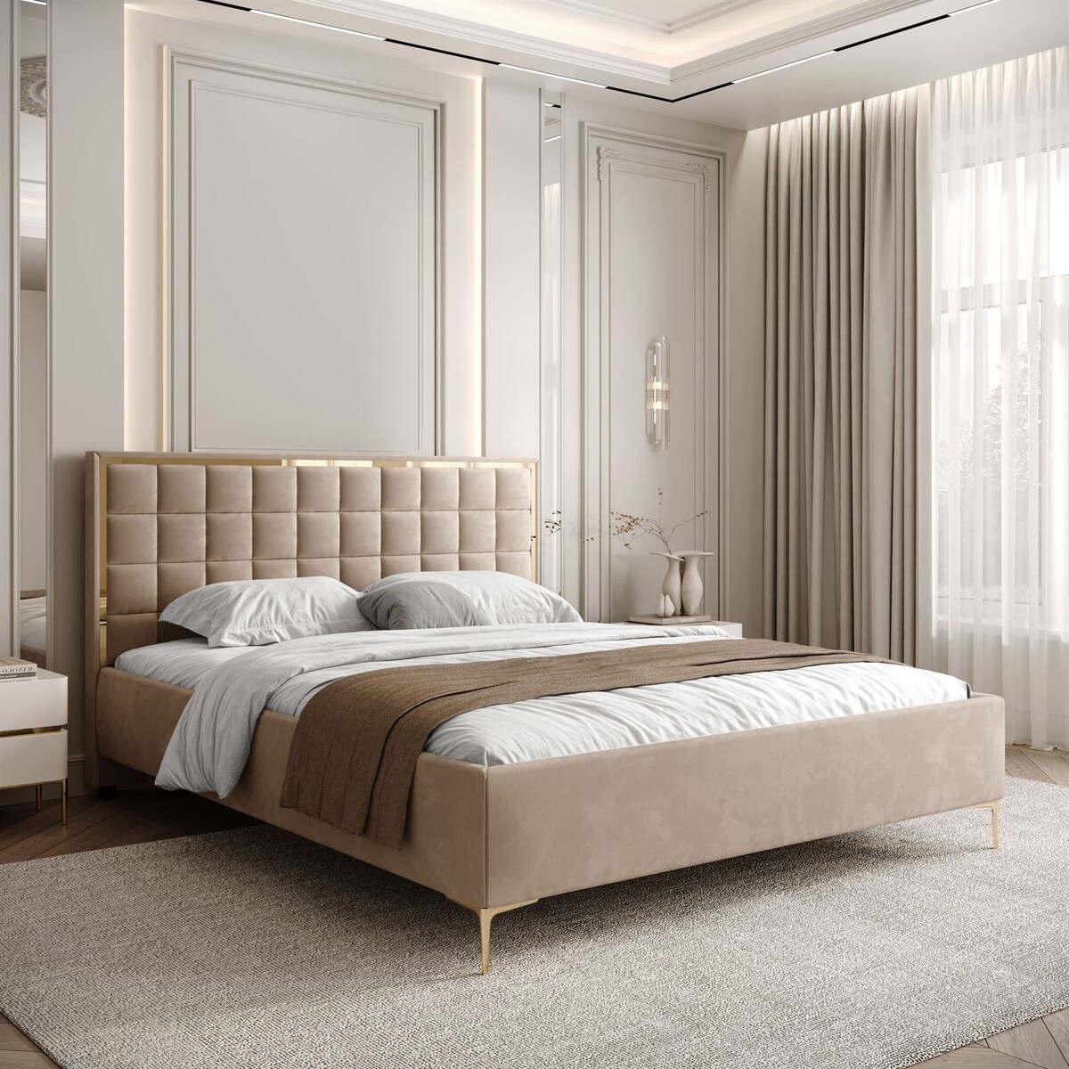 Łóżko tapicerowane ISADORA GOLD, pojemnik na pościel, stelaż 34, 140x200, RV 170