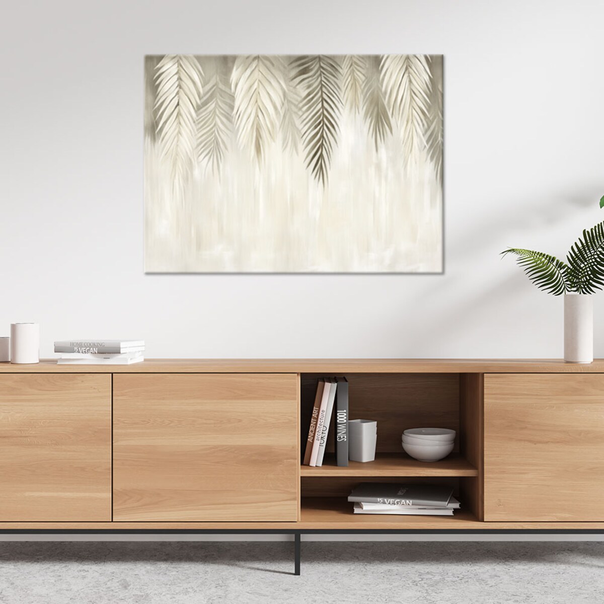 Stylowy Obraz do salonu sypialni Beżowe wiszące liście palmowe w stylu boho 120x80