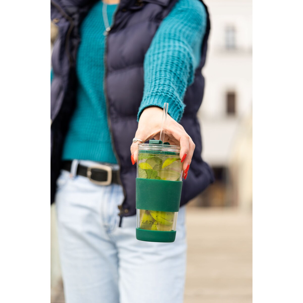 Kubek termiczny szklany ze słomką 600 ml zielony Fuori 30398