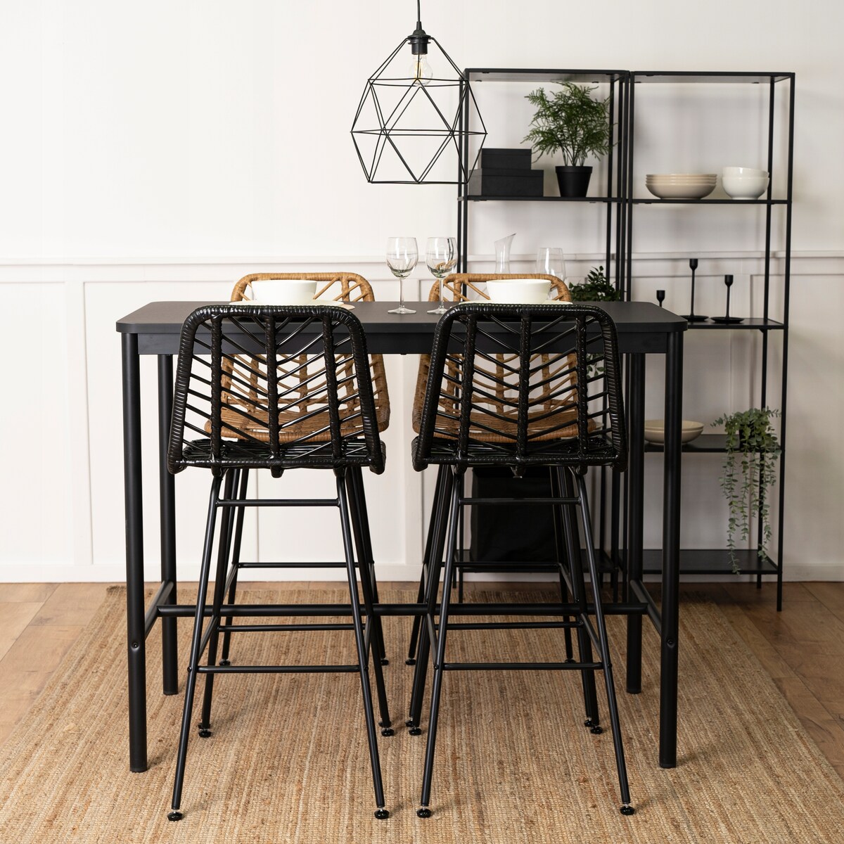 Hoker Krzesło Barowe Kuchenne Do Jadalni Ogrodowe Taras Rattan Czarne Jerry