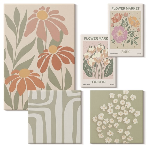 Zestaw 5 obrazów na płótnie - Kwiatowe wzory Londyn Paryż boho - zielony