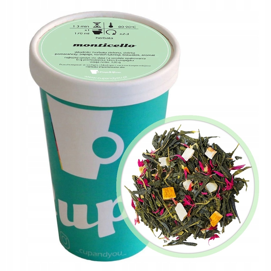 Herbata zielona MONTICELLO papaja bławatek skórka pomarańczy upominek 120g - herbata liściasta sypana mieszanka napar susz