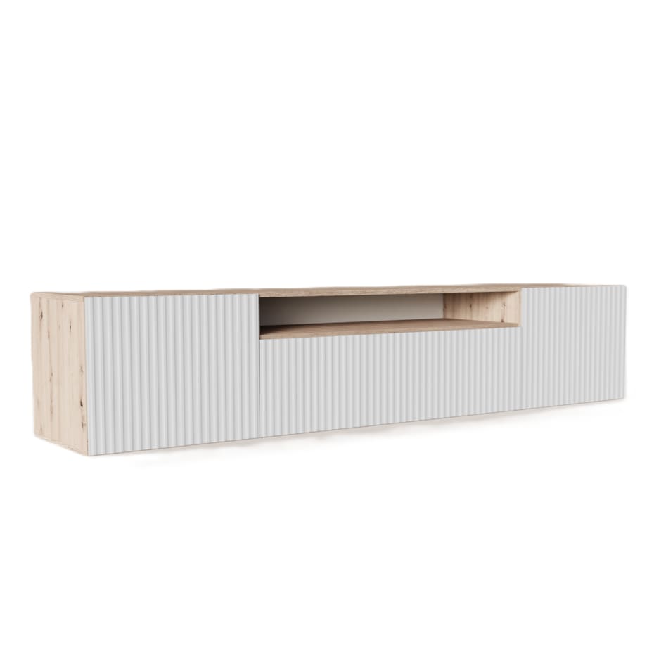 Szafka RTV NOELI, wisząca z ryflowanymi frontami do salonu- biała-artisan
