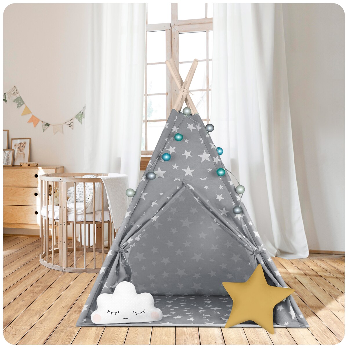 Tipi namiot wigwam dla dzieci teepee poduszki lampki pokrowiec Nukido