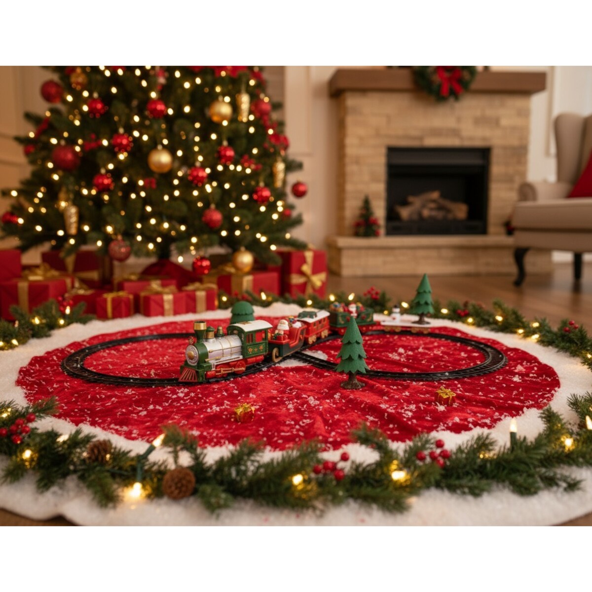 Kolejka świąteczna z lokomotywą i saniami Mikołaja, 22 el., 283 cm