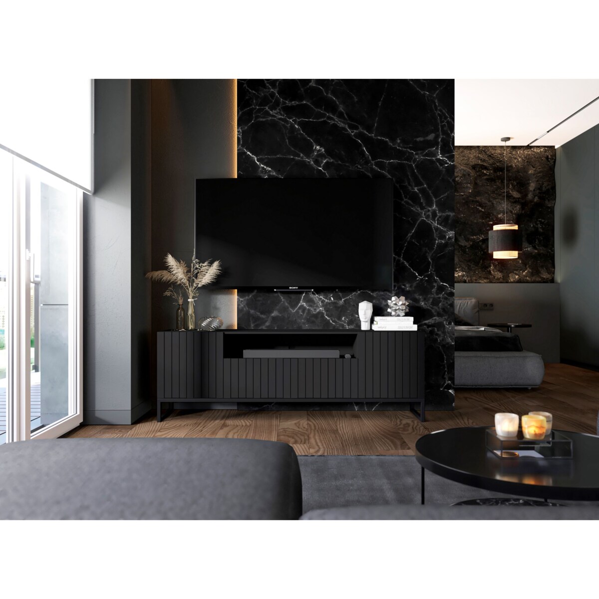 Nowoczesna Komoda RTV Szafka RTV Czarny Mat Glamour Ryflowane fronty Loft Rama 150 cm