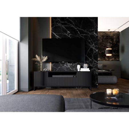 Nowoczesna Komoda RTV Szafka RTV Czarny Mat Glamour Ryflowane fronty Loft Rama 150 cm