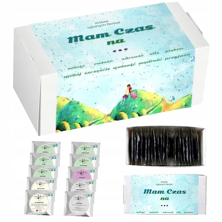Zestaw prezentowy upominkowy "MAM CZAS NA..." 20 saszetek z różnymi herbatami sypanymi - prezent upominek dla kobiety faceta żony babci dziewczyny