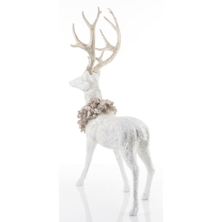 Figurka - biały jeleń 71x44x27 cm z wieńcem na szyi