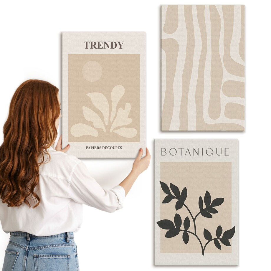 Zestaw 3 dużych obrazów na płótnie - Stylowe roślinne wzory beż czarny - beżowy