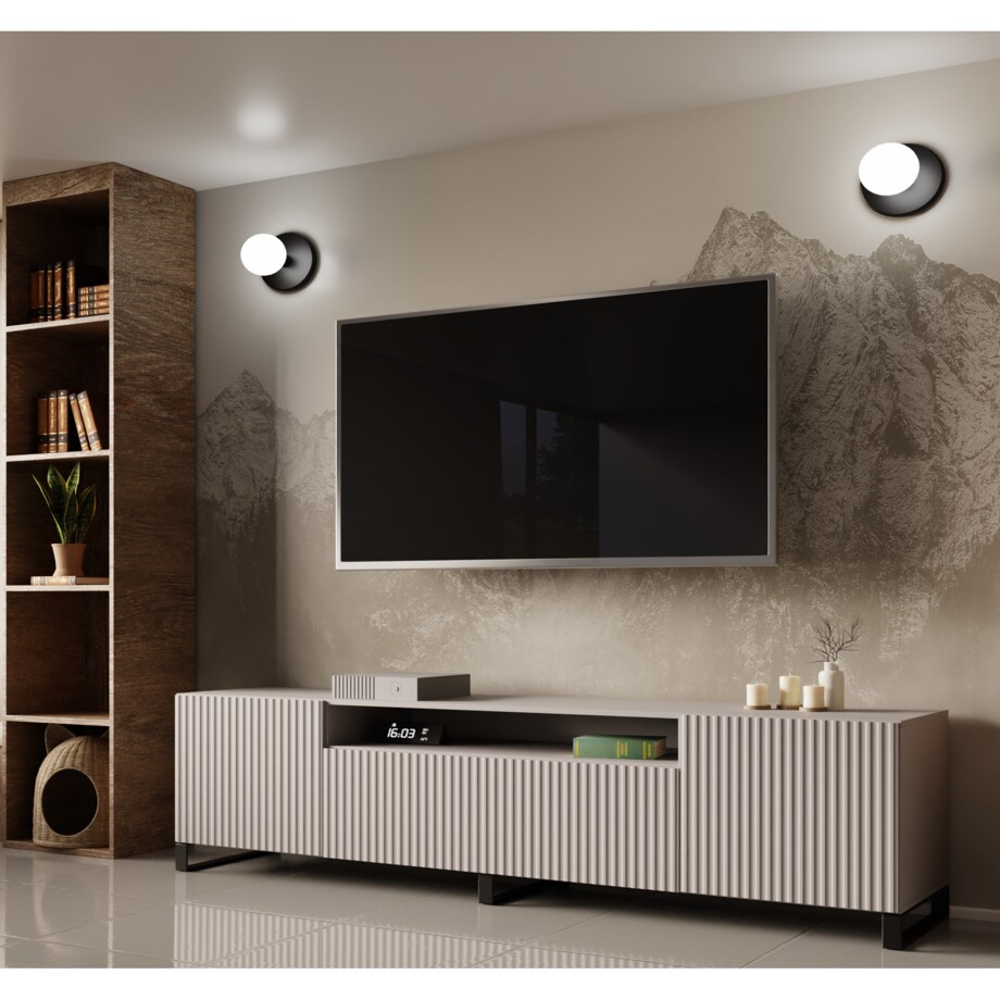 Stojąca szafka RTV NOELI pod telewizor, z ryflowanym frontem - kaszmirowa