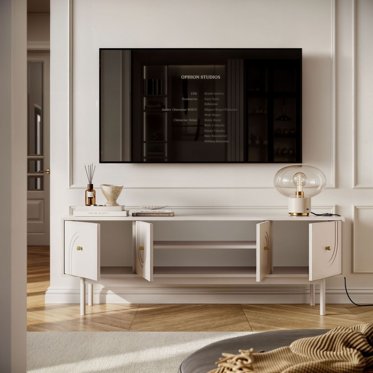 Szafka RTV LIBERTY na drewnianych nóżkach, kaszmir