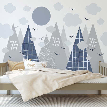 NAKLEJKI ŚCIENNE DLA DZIECI SZARE GÓRY CHMURY STYL SKANDYNAWSKI ZESTAW